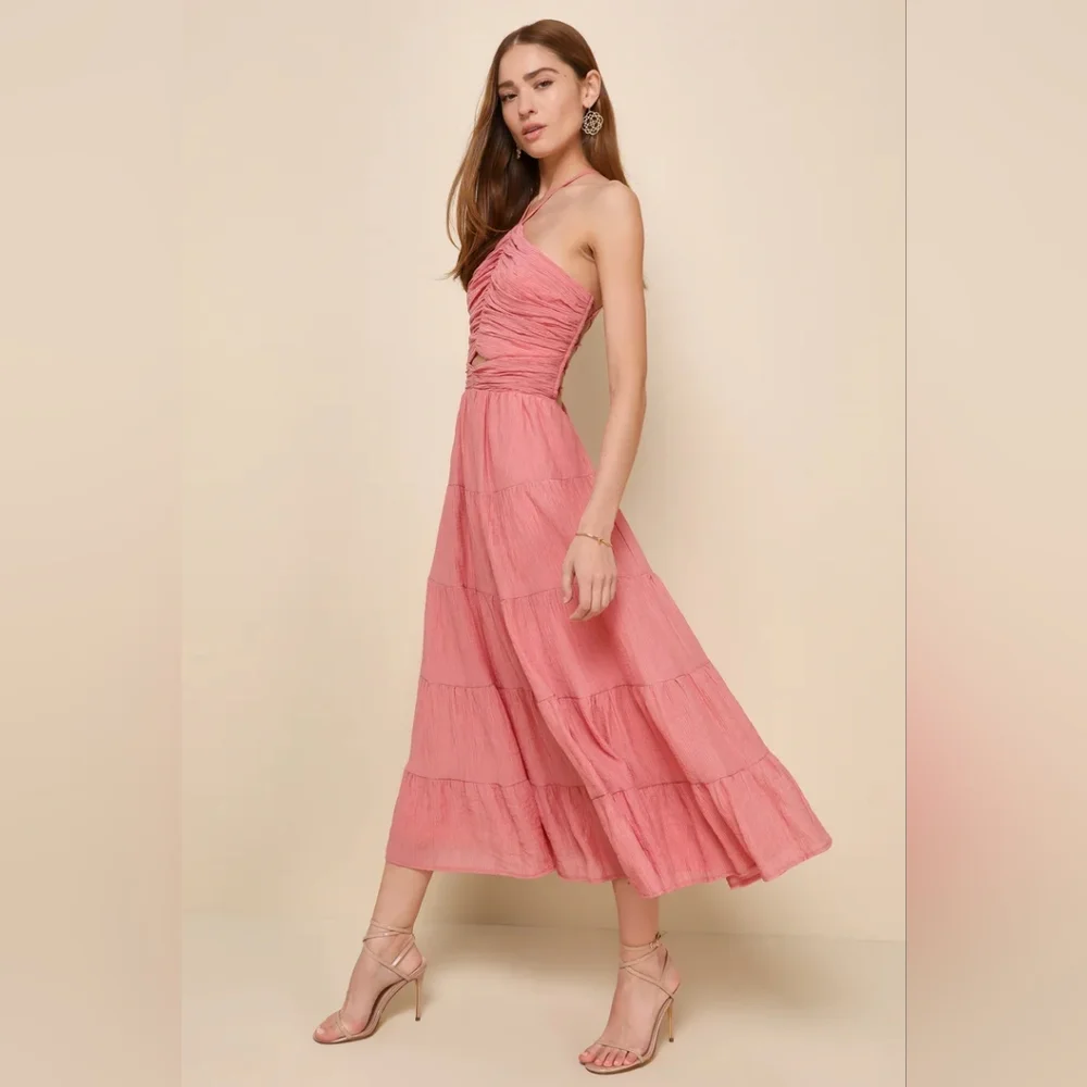 LULUS Effortless Sweetness Rusty Rose Ruched Lace-Up Tiered Midi Dress Sz XL - Picture 11 of 14